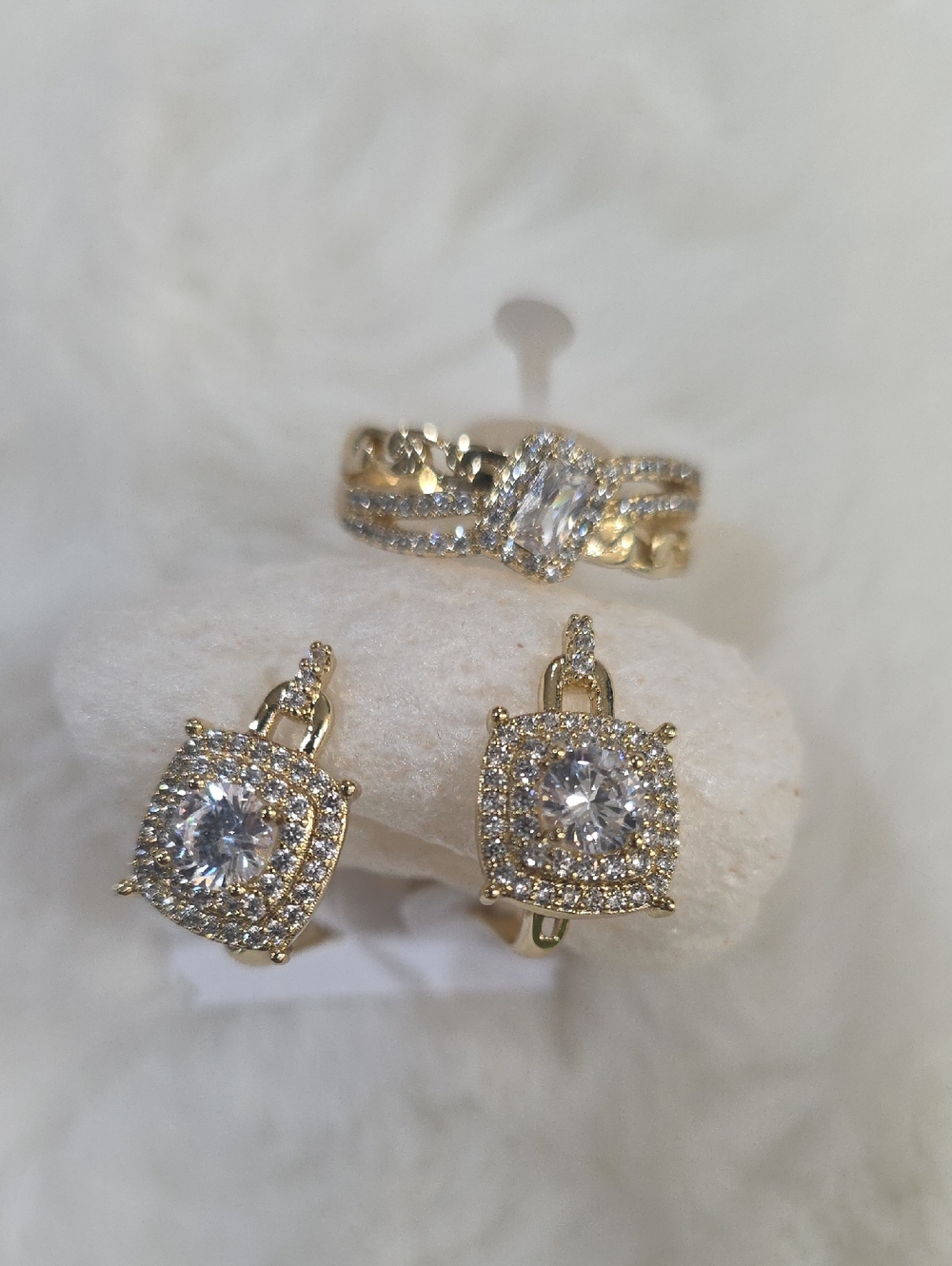 14k Gold Plated Cubic Zirconia Halo Ring and Earrings Set - Gold